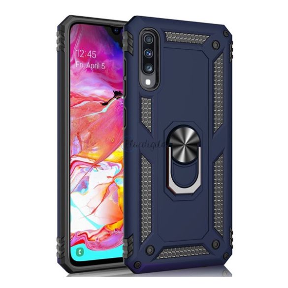 Defender műanyag telefonvédő (közepesen ütésálló, szilikon belső, telefontartó gyűrű, beépített fémlemez) SÖTÉTKÉK Samsung Galaxy A70 (SM-A705F)