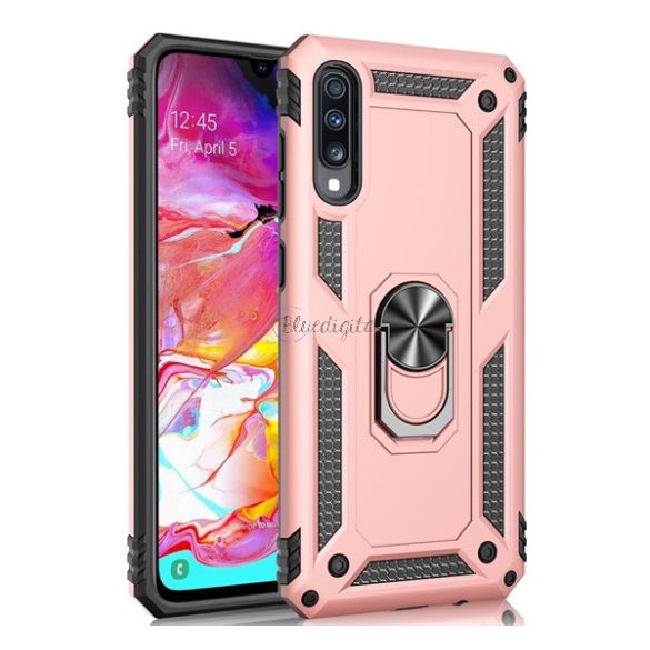 Defender műanyag telefonvédő (közepesen ütésálló, szilikon belső, telefontartó gyűrű, beépített fémlemez) ROZÉARANY Samsung Galaxy A70 (SM-A705F)