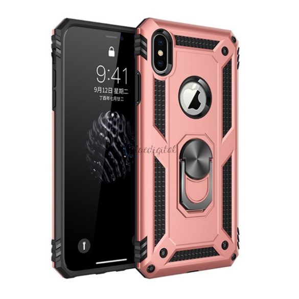 Defender műanyag telefonvédő (közepesen ütésálló, szilikon belső, telefontartó gyűrű, fémlemez, logó kivágás) ROZÉARANY Apple iPhone XS 5.8, Apple iPhone X 5.8