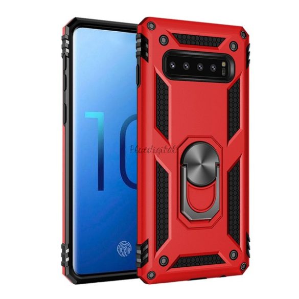 Defender műanyag telefonvédő (közepesen ütésálló, szilikon belső, telefontartó gyűrű, beépített fémlemez) PIROS Samsung Galaxy S10 (SM-G973)