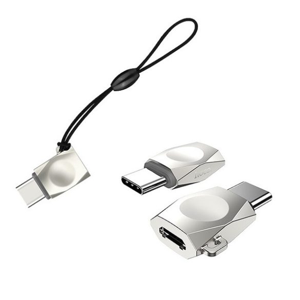 HOCO UA8 adapter (microUSB aljzat - Type-C, OTG, adatátvitel, kulcstartóra helyezhető) EZÜST