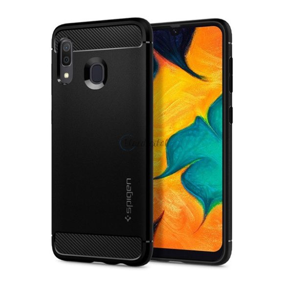 SPIGEN RUGGED ARMOR szilikon telefonvédő (közepesen ütésálló, légpárnás sarok, karbon minta) FEKETE Samsung Galaxy A30 (SM-A305F), Samsung Galaxy A20 (SM-A205F)