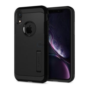 SPIGEN TOUGH ARMOR műanyag telefonvédő (szilikon keret, közepesen ütésálló, kitámasztó, logó kivágás) FEKETE Apple iPhone XR 6.1