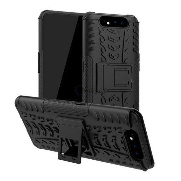 Defender műanyag telefonvédő (közepesen ütésálló, szilikon belső, kitámasztó, autógumi minta) FEKETE Samsung Galaxy A80 (SM-A805F)