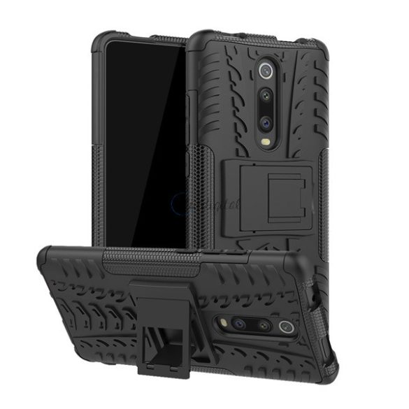 Defender műanyag telefonvédő (közepesen ütésálló, szilikon belső, kitámasztó, autógumi minta) FEKETE Xiaomi Mi 9T (Mi 9T Pro)