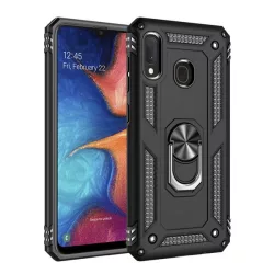   Defender műanyag telefonvédő (közepesen ütésálló, szilikon belső, telefontartó gyűrű, beépített fémlemez) FEKETE Samsung Galaxy A20e (SM-A202F)
