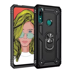   Defender műanyag telefonvédő (közepesen ütésálló, szilikon belső, telefontartó gyűrű, beépített fémlemez) FEKETE Huawei P Smart Z (Y9 Prime 2019)