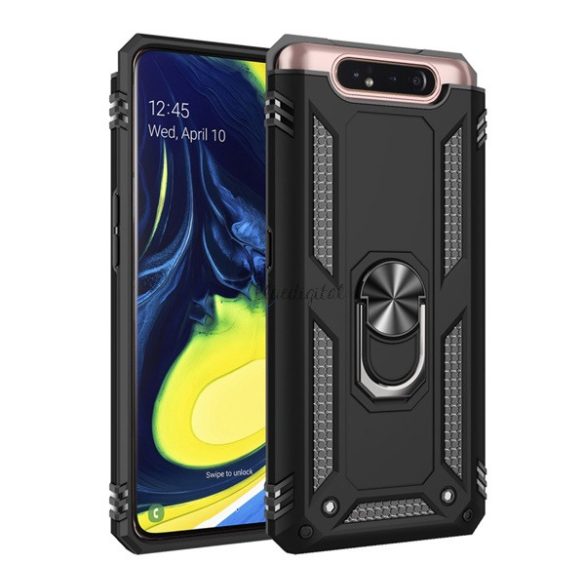 Defender műanyag telefonvédő (közepesen ütésálló, szilikon belső, telefontartó gyűrű, beépített fémlemez) FEKETE Samsung Galaxy A80 (SM-A805F)