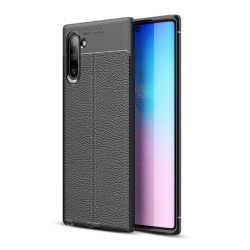   Szilikon telefonvédő (közepesen ütésálló, bőr hatású, varrás minta) FEKETE Samsung Galaxy Note 10 (SM-N970F)