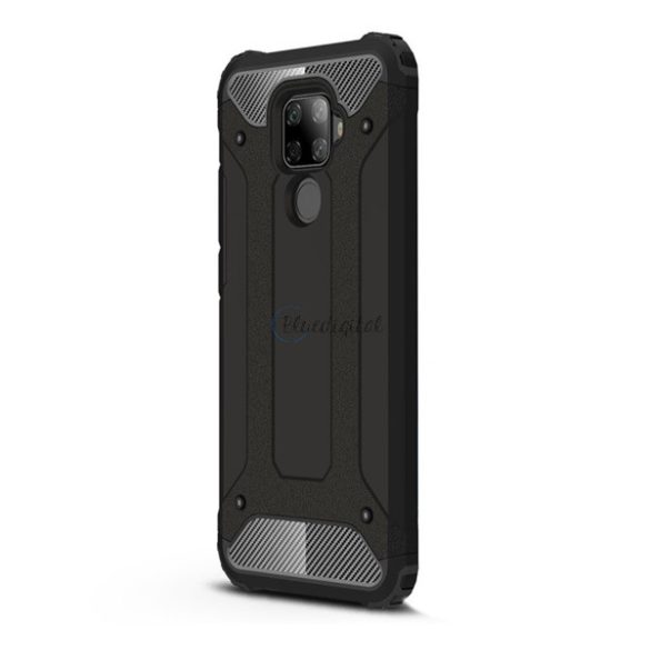 Defender műanyag telefonvédő (közepesen ütésálló, légpárnás sarok, szilikon belső, fémhatás) FEKETE Huawei Mate 30 Lite (Nova 5i Pro)