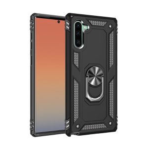 Defender műanyag telefonvédő (közepesen ütésálló, szilikon belső, telefontartó gyűrű, beépített fémlemez) FEKETE Samsung Galaxy Note 10 (SM-N970F)