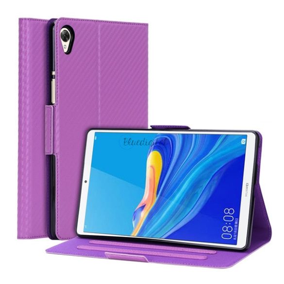 Tok álló, bőr hatású (FLIP, oldalra nyíló, asztali tartó funkció, karbon minta) LILA Huawei MediaPad M6 8.4
