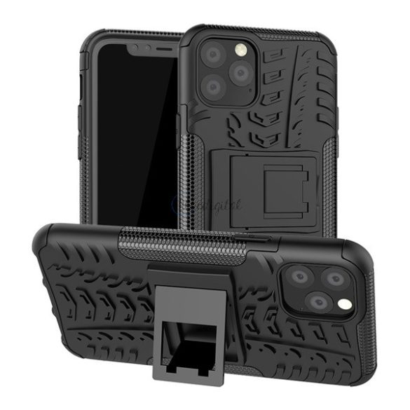 Defender műanyag telefonvédő (közepesen ütésálló, szilikon belső, kitámasztó, autógumi minta) FEKETE Apple iPhone 11 Pro