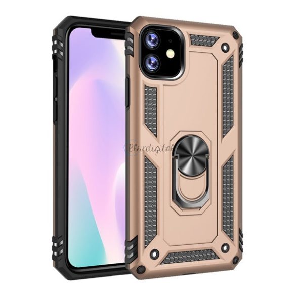 Defender műanyag telefonvédő (közepesen ütésálló, szilikon belső, telefontartó gyűrű, beépített fémlemez) ARANY Apple iPhone 11