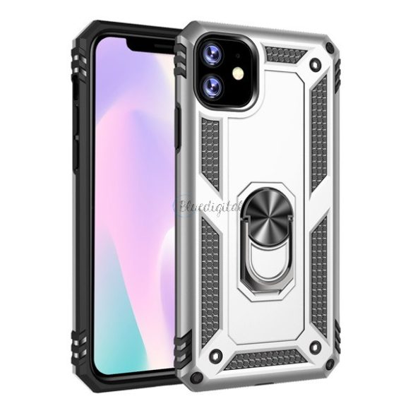 Defender műanyag telefonvédő (közepesen ütésálló, szilikon belső, telefontartó gyűrű, beépített fémlemez) EZÜST Apple iPhone 11