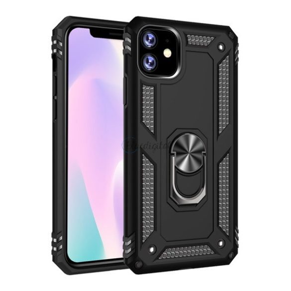 Defender műanyag telefonvédő (közepesen ütésálló, szilikon belső, telefontartó gyűrű, beépített fémlemez) FEKETE Apple iPhone 11