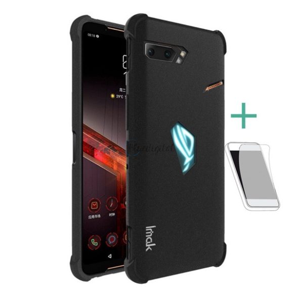 IMAK szilikon telefonvédő (közepesen ütésálló, légpárnás sarok + képernyővédő fólia) FEKETE Asus ROG Phone 2 (ZS660KL)