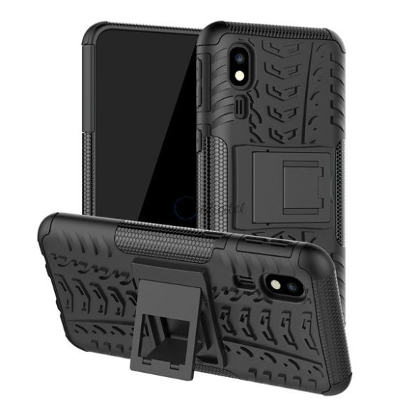 Defender műanyag telefonvédő (közepesen ütésálló, szilikon belső, kitámasztó, autógumi minta) FEKETE Samsung Galaxy A2 Core (SM-A260F)