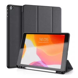   DUX DUCIS DOMO tok álló, bőr hatású (aktív, oldalra nyíló, TRIFOLD, asztali tartó, ceruza tartó, textil minta) FEKETE Apple IPAD 10.2 (2019), Apple IPAD 10.2 (2020), Apple IPAD 10.2 (2021)