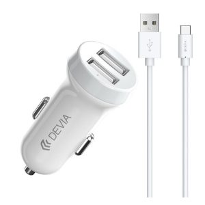 DEVIA autós töltő 2 USB aljzat (15W + Type-C kábel) FEHÉR