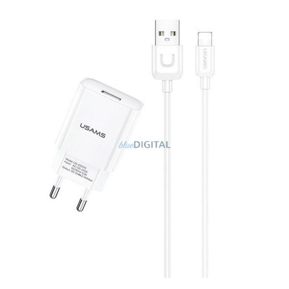 USAMS T21 hálózati töltő USB aljzat (5V/2.1A + lightning kábel) FEHÉR