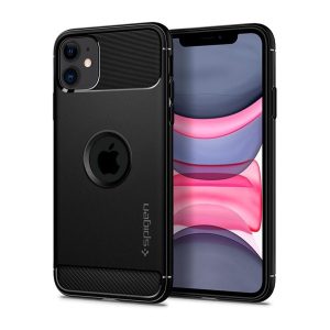 SPIGEN RUGGED ARMOR szilikon telefonvédő (közepesen ütésálló, légpárnás sarok, karbon minta, logó kivágás) FEKETE Apple iPhone 11