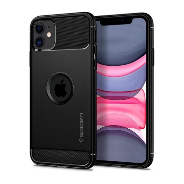 SPIGEN RUGGED ARMOR szilikon telefonvédő (közepesen ütésálló, légpárnás sarok, karbon minta, logó kivágás) FEKETE Apple iPhone 11