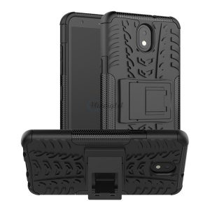 Defender műanyag telefonvédő (közepesen ütésálló, szilikon belső, kitámasztó, autógumi minta) FEKETE LG K30 2019 (LMX320)