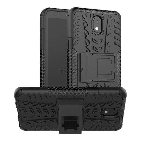 Defender műanyag telefonvédő (közepesen ütésálló, szilikon belső, kitámasztó, autógumi minta) FEKETE LG K30 2019 (LMX320)