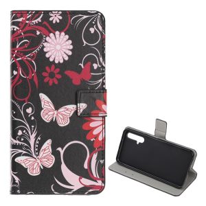 Tok álló, bőr hatású (FLIP, oldalra nyíló, asztali tartó funkció, pillangó, virág minta) FEKETE Honor 20, Huawei Nova 5T