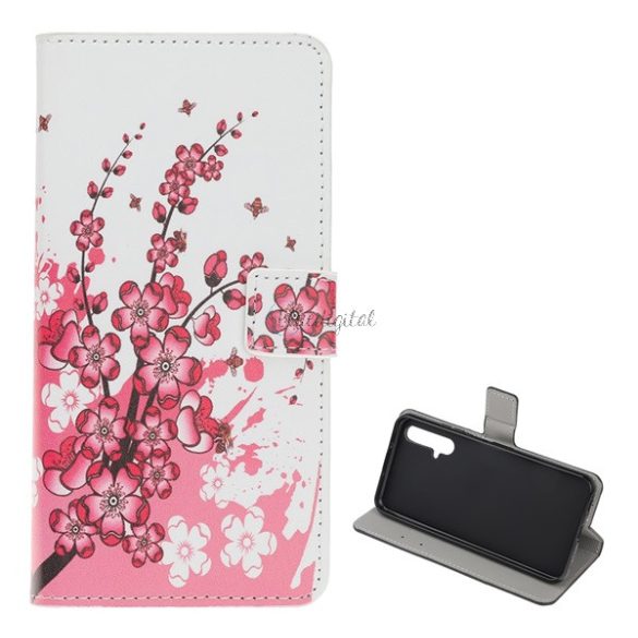 Tok álló, bőr hatású (FLIP, oldalra nyíló, asztali tartó funkció, virág minta) FEHÉR Honor 20, Huawei Nova 5T