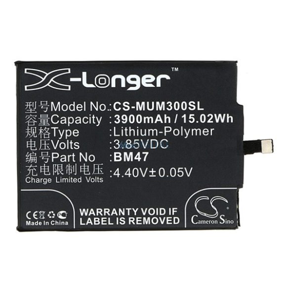 CAMERON SINO Li-Polymer akku (3.85V/3900mAh, Xiaomi BM47 kompatibilis) FEKETE Xiaomi Redmi 4X, Redmi 3