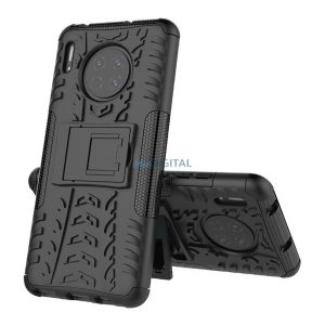 Defender műanyag telefonvédő (közepesen ütésálló, szilikon belső, kitámasztó, autógumi minta) FEKETE Huawei Mate 30