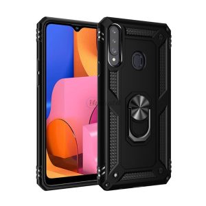 Defender műanyag telefonvédő (közepesen ütésálló, szilikon belső, telefontartó gyűrű, beépített fémlemez) FEKETE Samsung Galaxy A20s (SM-A207F)
