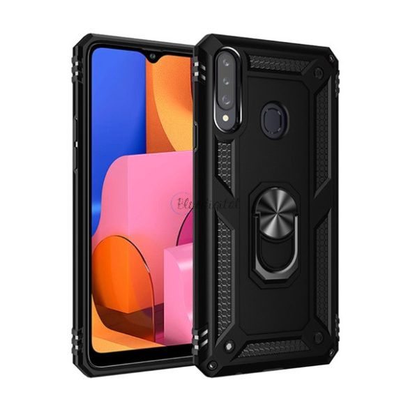 Defender műanyag telefonvédő (közepesen ütésálló, szilikon belső, telefontartó gyűrű, beépített fémlemez) FEKETE Samsung Galaxy A20s (SM-A207F)