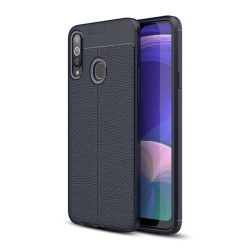   Szilikon telefonvédő (közepesen ütésálló, bőr hatású, varrás minta) SÖTÉTKÉK Samsung Galaxy A20s (SM-A207F)