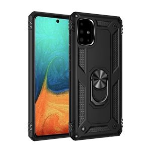 Defender műanyag telefonvédő (közepesen ütésálló, szilikon belső, telefontartó gyűrű, beépített fémlemez) FEKETE Samsung Galaxy A71 (SM-A715F)