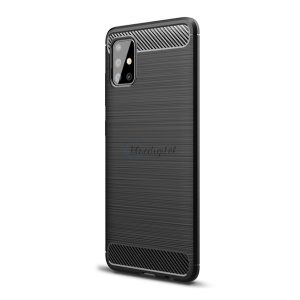 Szilikon telefonvédő (közepesen ütésálló, légpárnás sarok, szálcsiszolt, karbon minta) FEKETE Samsung Galaxy A51 (SM-A515F)