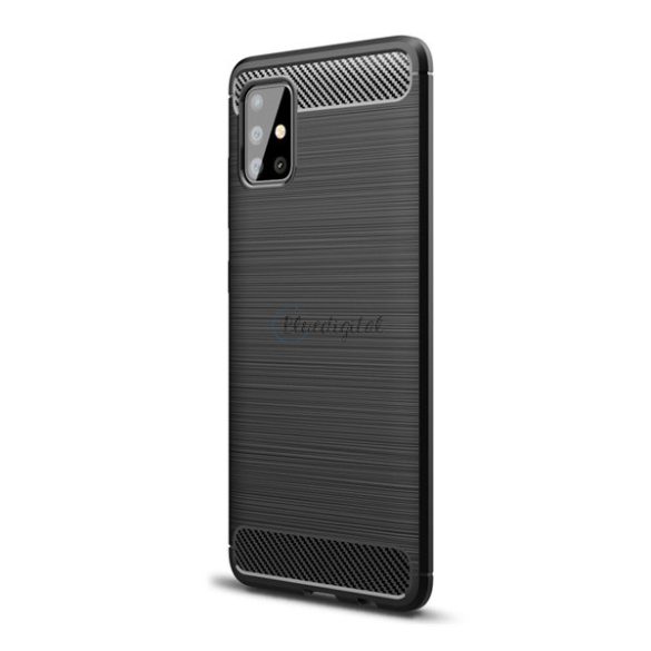 Szilikon telefonvédő (közepesen ütésálló, légpárnás sarok, szálcsiszolt, karbon minta) FEKETE Samsung Galaxy A51 (SM-A515F)