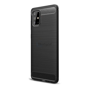Szilikon telefonvédő (közepesen ütésálló, légpárnás sarok, szálcsiszolt, karbon minta) FEKETE Samsung Galaxy A71 (SM-A715F)