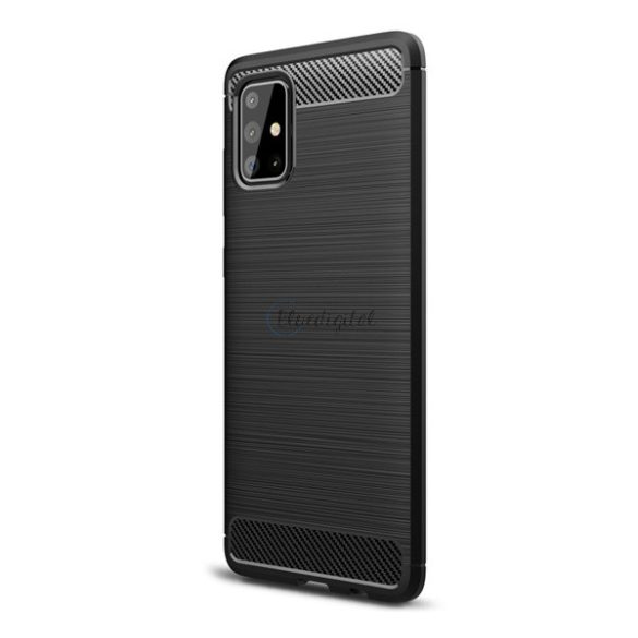 Szilikon telefonvédő (közepesen ütésálló, légpárnás sarok, szálcsiszolt, karbon minta) FEKETE Samsung Galaxy A71 (SM-A715F)