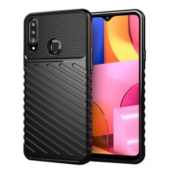   Szilikon telefonvédő (közepesen ütésálló, csíkos, dombor minta) FEKETE Samsung Galaxy A20s (SM-A207F)