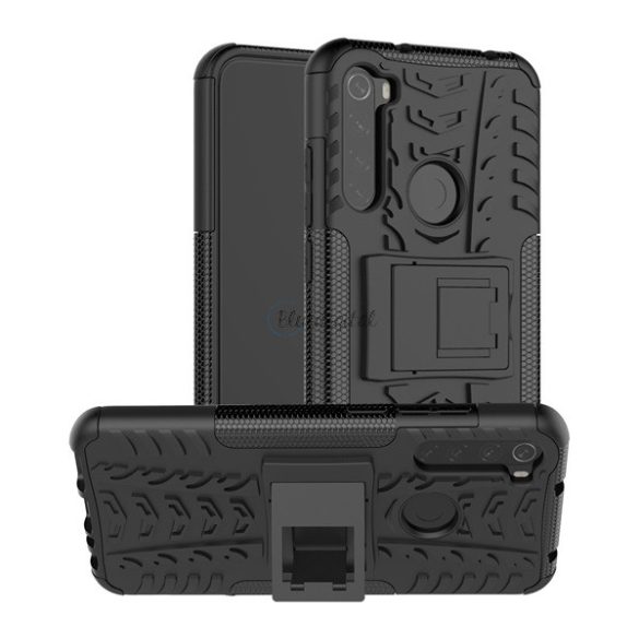 Defender műanyag telefonvédő (közepesen ütésálló, szilikon belső, kitámasztó, autógumi minta) FEKETE Xiaomi Redmi Note 8T