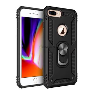 Defender műanyag telefonvédő (közepesen ütésálló, szilikon belső, telefontartó gyűrű, fémlemez, logó kivágás) FEKETE Apple iPhone 6 Plus 5.5, Apple iPhone 7 Plus 5.5, Apple iPhone 8 Pl