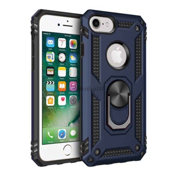 Defender műanyag telefonvédő (közepesen ütésálló, szilikon belső, telefontartó gyűrű, fémlemez, logó kivágás) SÖTÉTKÉK Apple iPhone 7 4.7, Apple iPhone 8 4.7