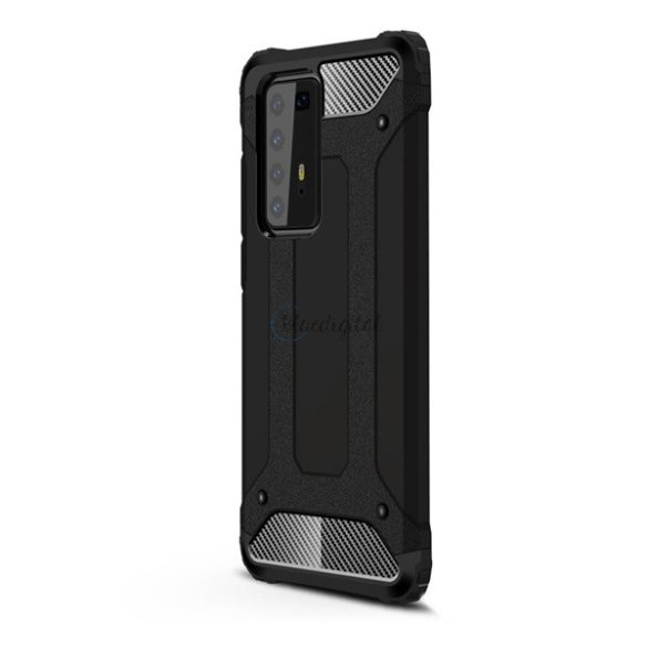 Defender műanyag telefonvédő (közepesen ütésálló, légpárnás sarok, szilikon belső, fémhatás) FEKETE Huawei P40 Pro 5G