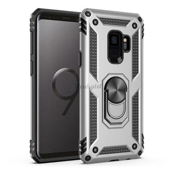 Defender műanyag telefonvédő (közepesen ütésálló, szilikon belső, telefontartó gyűrű, beépített fémlemez) EZÜST Samsung Galaxy S9 (SM-G960)