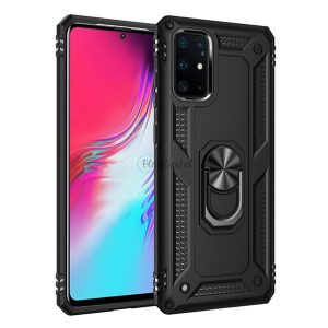 Defender műanyag telefonvédő (közepesen ütésálló, szilikon belső, telefontartó gyűrű, beépített fémlemez) FEKETE Samsung Galaxy S20 Plus (SM-G985F), Samsung Galaxy S20 Plus 5G (SM-G986)