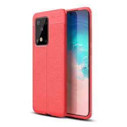   Szilikon telefonvédő (közepesen ütésálló, bőr hatású, varrás minta) PIROS Samsung Galaxy S20 Ultra (SM-G988F), Samsung Galaxy S20 Ultra 5G (SM-G988B)