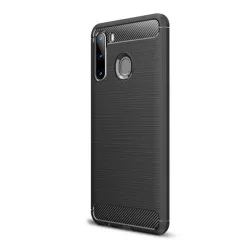   Szilikon telefonvédő (közepesen ütésálló, légpárnás sarok, szálcsiszolt, karbon minta) FEKETE Samsung Galaxy A21 (SM-A210F)